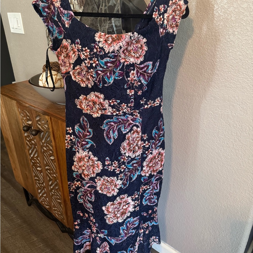 Guess Navy and Pink Floral Midi Dress